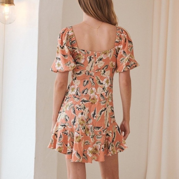 Kivari Bonny Tie Bust Mini Dress Tropical Print Linen puff sleeve US 10 - Picture 3 of 14